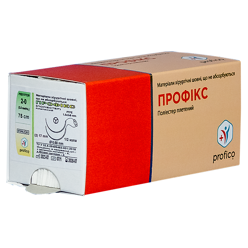 Профікс (Поліестер, з PTFE прок), USP 2/0, 75 см; 2 кол-ріж голки 1/2 кол, 17 мм